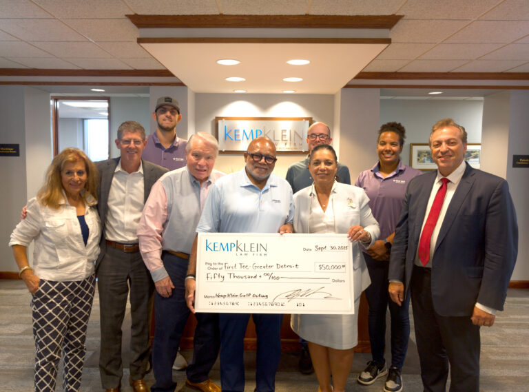 Kemp Klein Law Firm Charity Golf Outing 50,000 First Tee - Greater Detroit, John Kemp, Donna Kemp, Robert Zawideh, Brian Rolfe, Carl Bentley, Amanda Schaare, Zachary Pretzer, Tany Hill, John Page, Kemp Klein Foundation, Troy Michigan