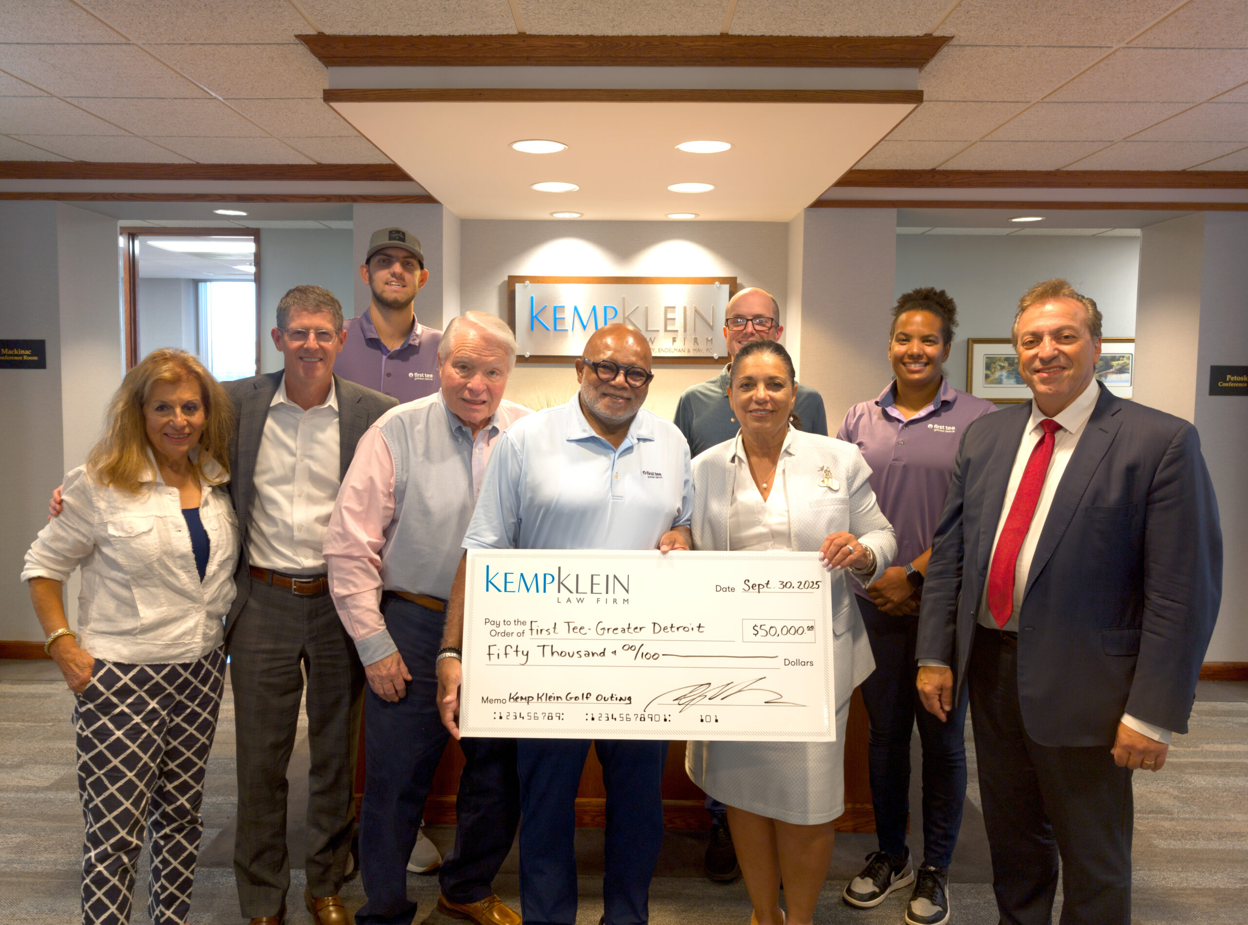 Kemp Klein Law Firm Charity Golf Outing 50,000 First Tee - Greater Detroit, John Kemp, Donna Kemp, Robert Zawideh, Brian Rolfe, Carl Bentley, Amanda Schaare, Zachary Pretzer, Tany Hill, John Page, Kemp Klein Foundation, Troy Michigan