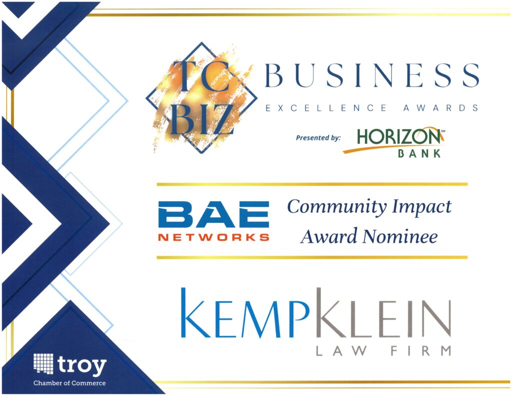 2026 Troy Chamber of Commerce Business Excellence Awards certificate recognizing Kemp Klein Law Firm as a Community Impact Award nominee.